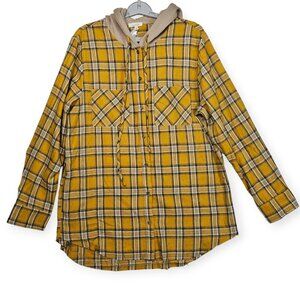 La Miel Mustard Yellow Plaid Button-Up Hooded Shirt Size S Long Sleeve Casual